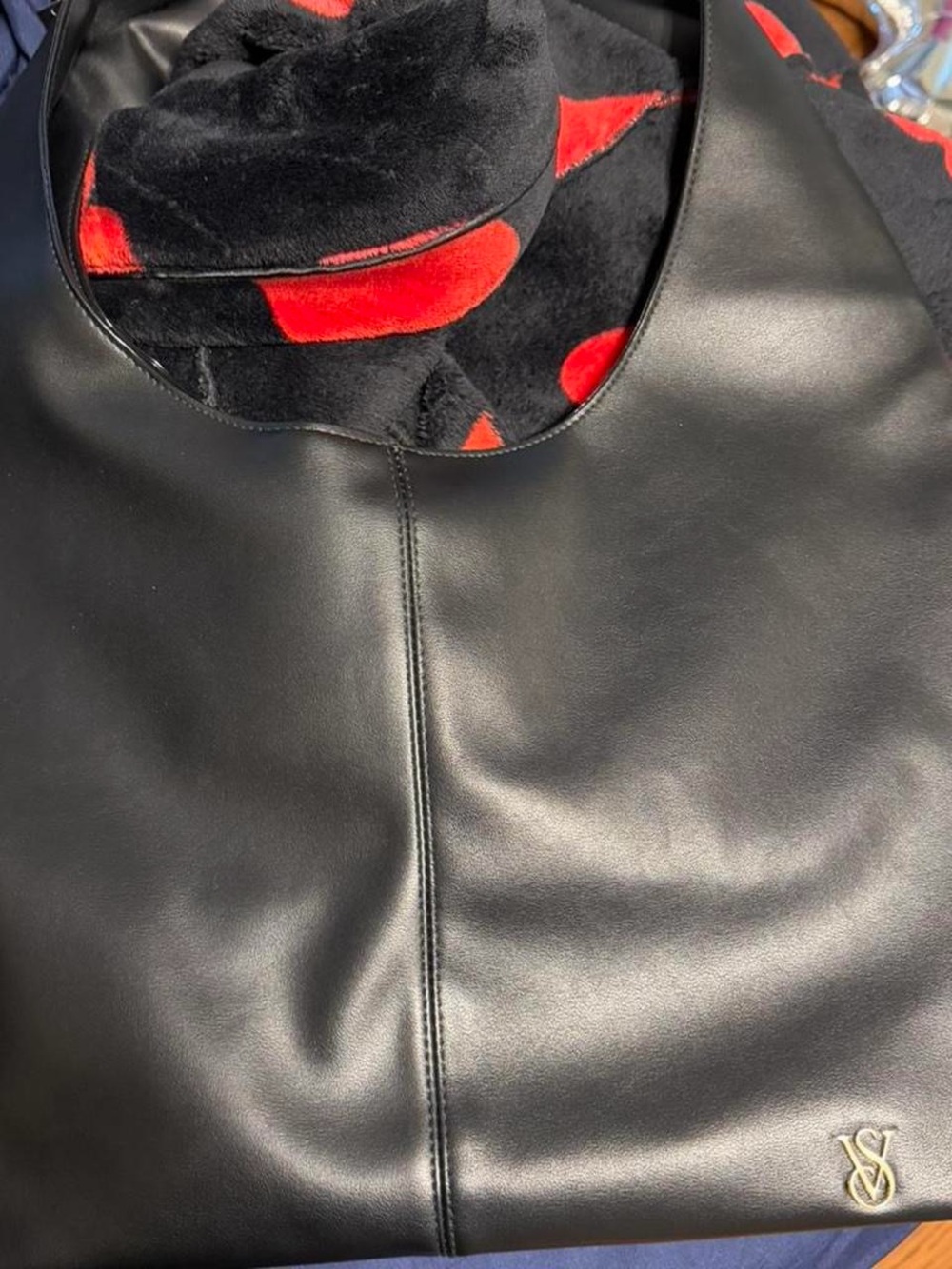 Victoria's Secret Black Faux Leather Tote with Red Lining Accents